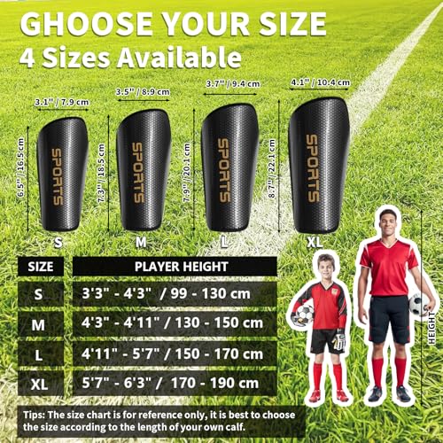 Kids & Adults Soccer Shin Guards with Sleeves - Black, Medium (4'3"-4'11" Tall)