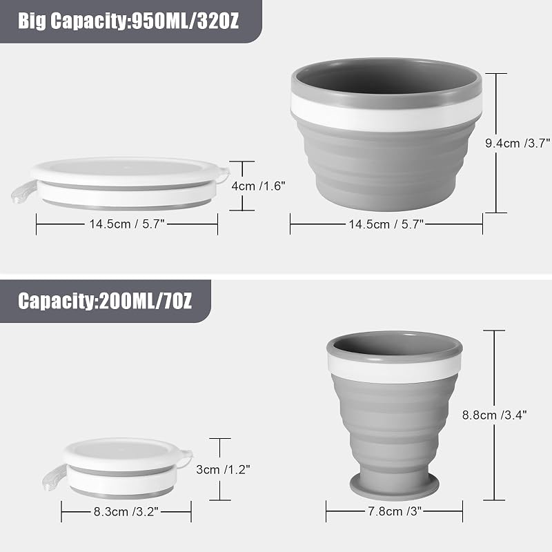 Collapsible Silicone Cup and Bowl Mess Kit for Camping, 950ml Bowl + 200ml Cup