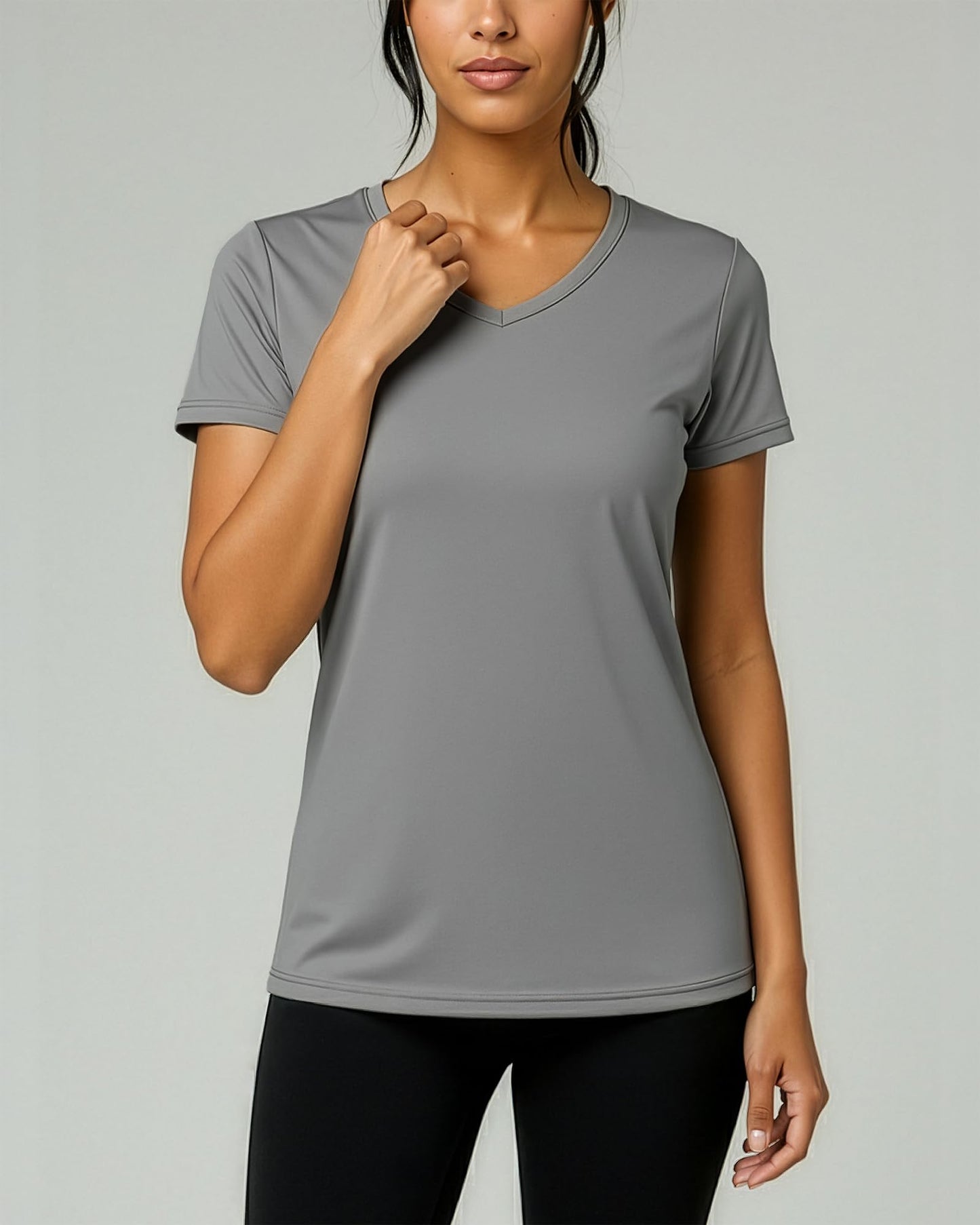 Real Essentials 5 Pack: Women's Dry-Fit Short Sleeve V Neck T Shirt Workout Fitness Yoga Top Tee, Set 10, L