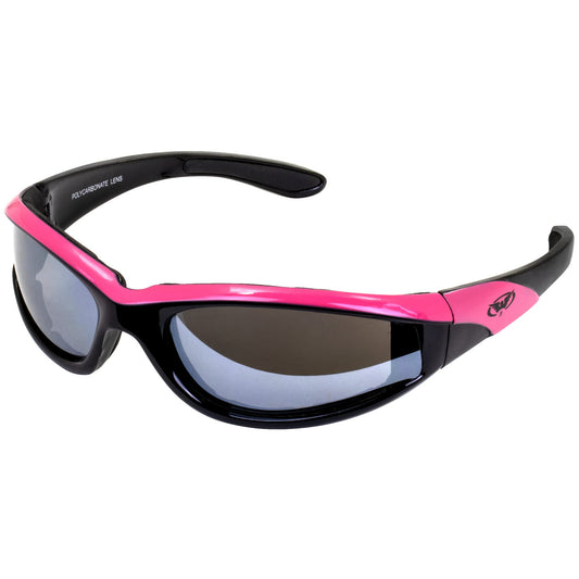 Global Vision Hawkeye Pink Frame Sunglasses Flash Mirror Lenses, Vented EVA Foam to keep sweat, wind, dust out of your eyes, UV400 and Scratch Resistant Unbreakable Shatterproof Polycarbonate Lenses