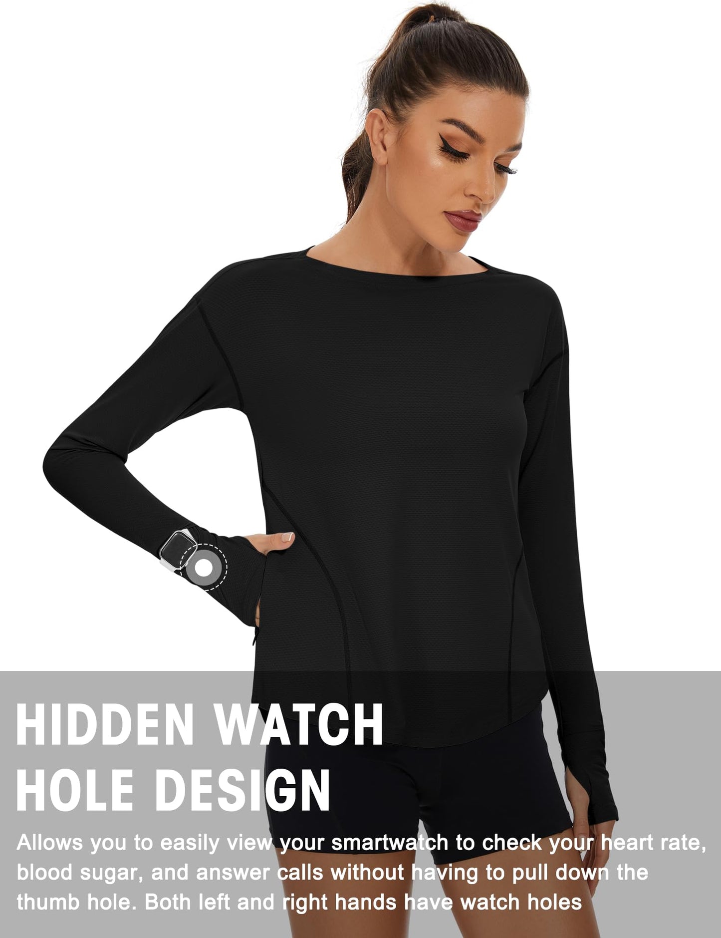 Loovoo Women's Long Sleeve Running Shirts Workout Tops UPF 50+ Sun Shirt Quick Dry Athletic T-Shirts with Watching Window