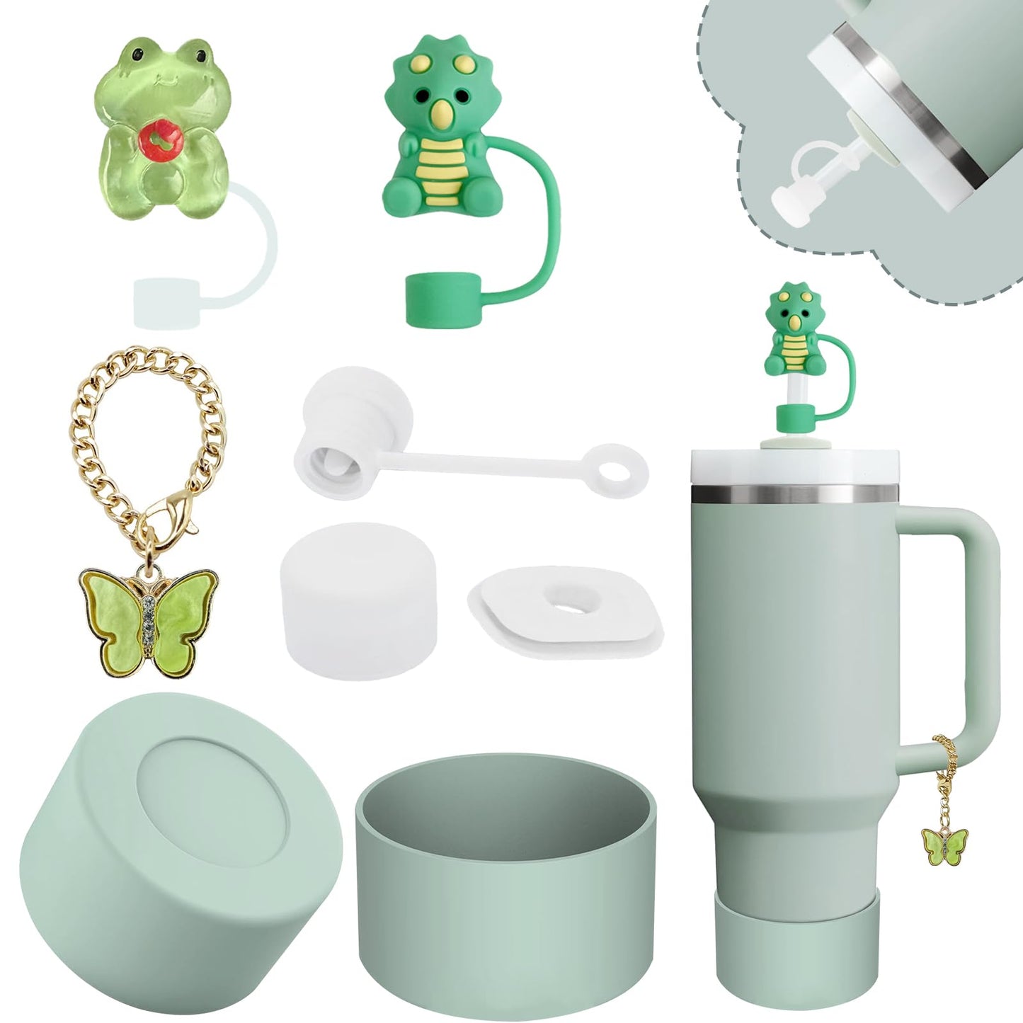 Stanley Cup Accessories Set,Including 2 Pcs 0.4in Straw Cover, 1 Silicone Spill-Proof Stopper, 1 Cute Handle Charm, 1 Silicone Boot Fits Stanley 40&30 Oz Tumbler (Eucalyptus Green)