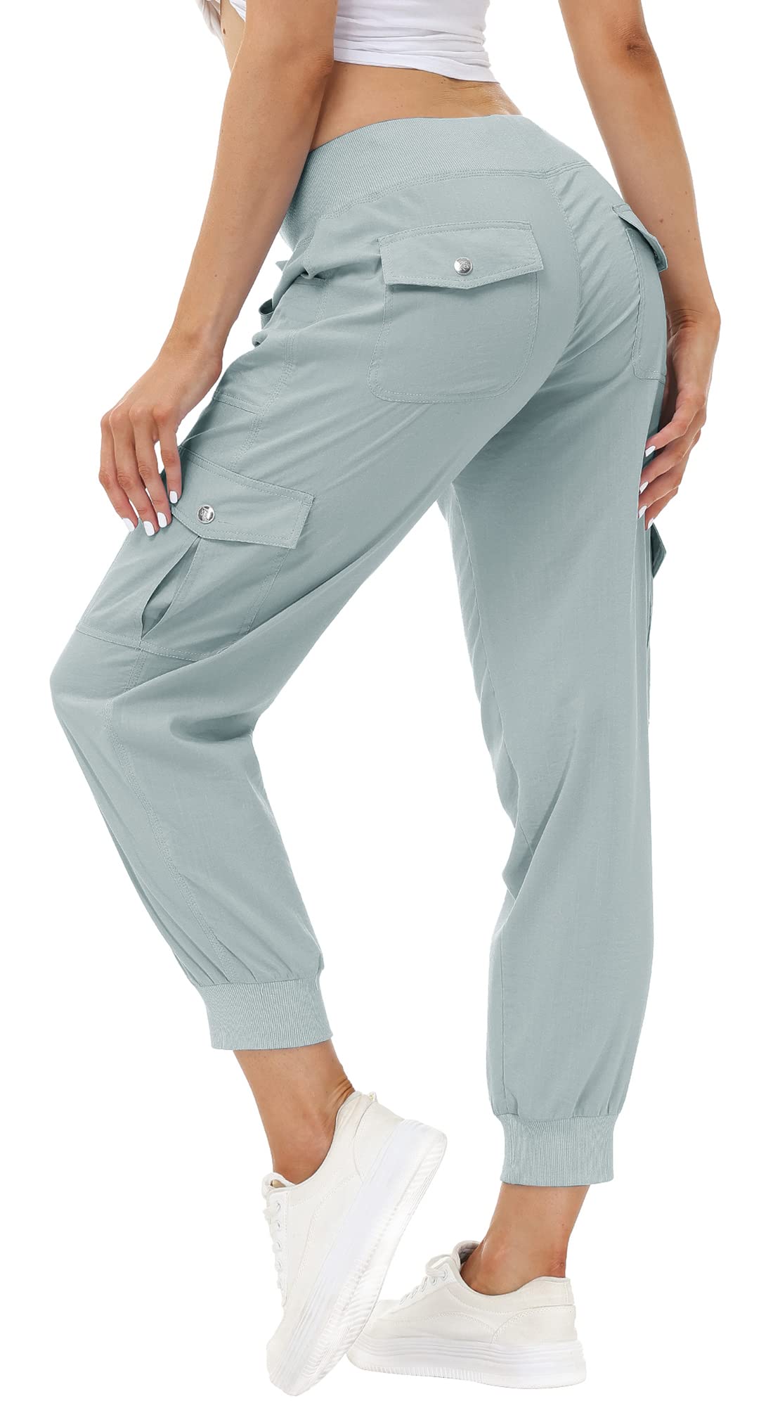 MoFiz Women Cargo Pants with Pockets Lightweight Outdoor Summer Travel Casual Hiking Pants Running Joggers Sweatpants Elastic Waist Light Grey 3XL