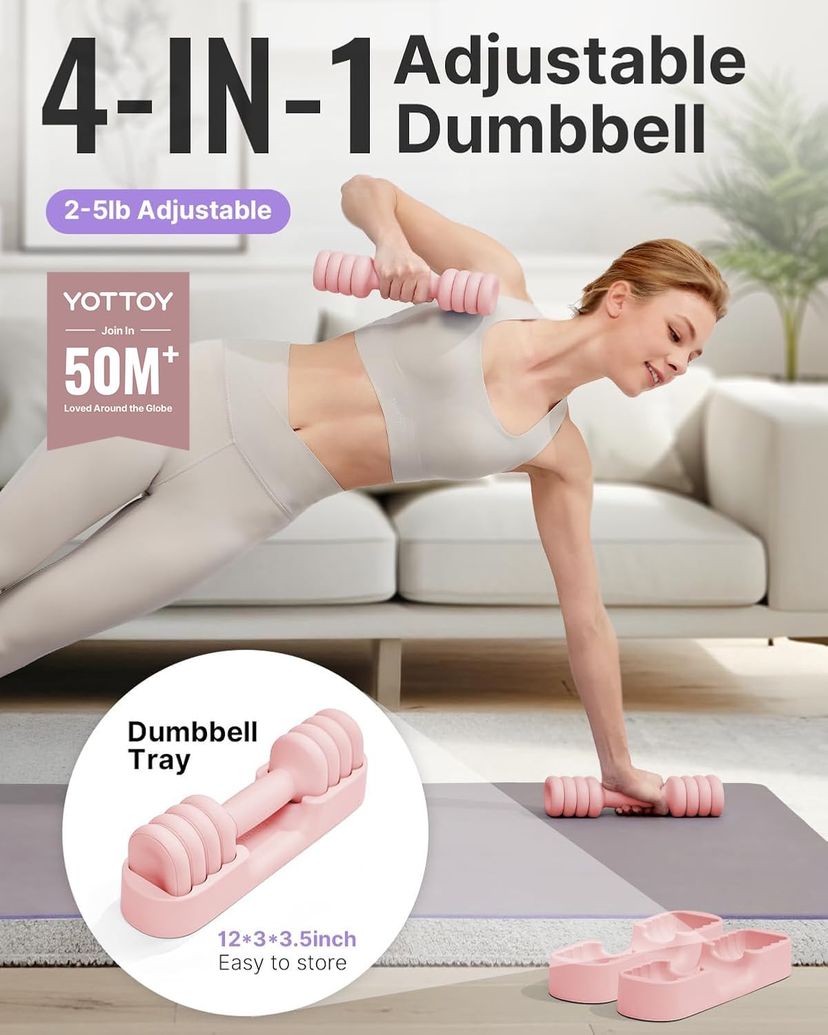 YOTTOY Adjustable Dumbbell Set of 2, 4-in-1 Hand Weights for Women at Home, Compact Free Weights Dumbbells Set with Soft Grip and Base, 2-5 lbs Each for Home Gym (Pink)