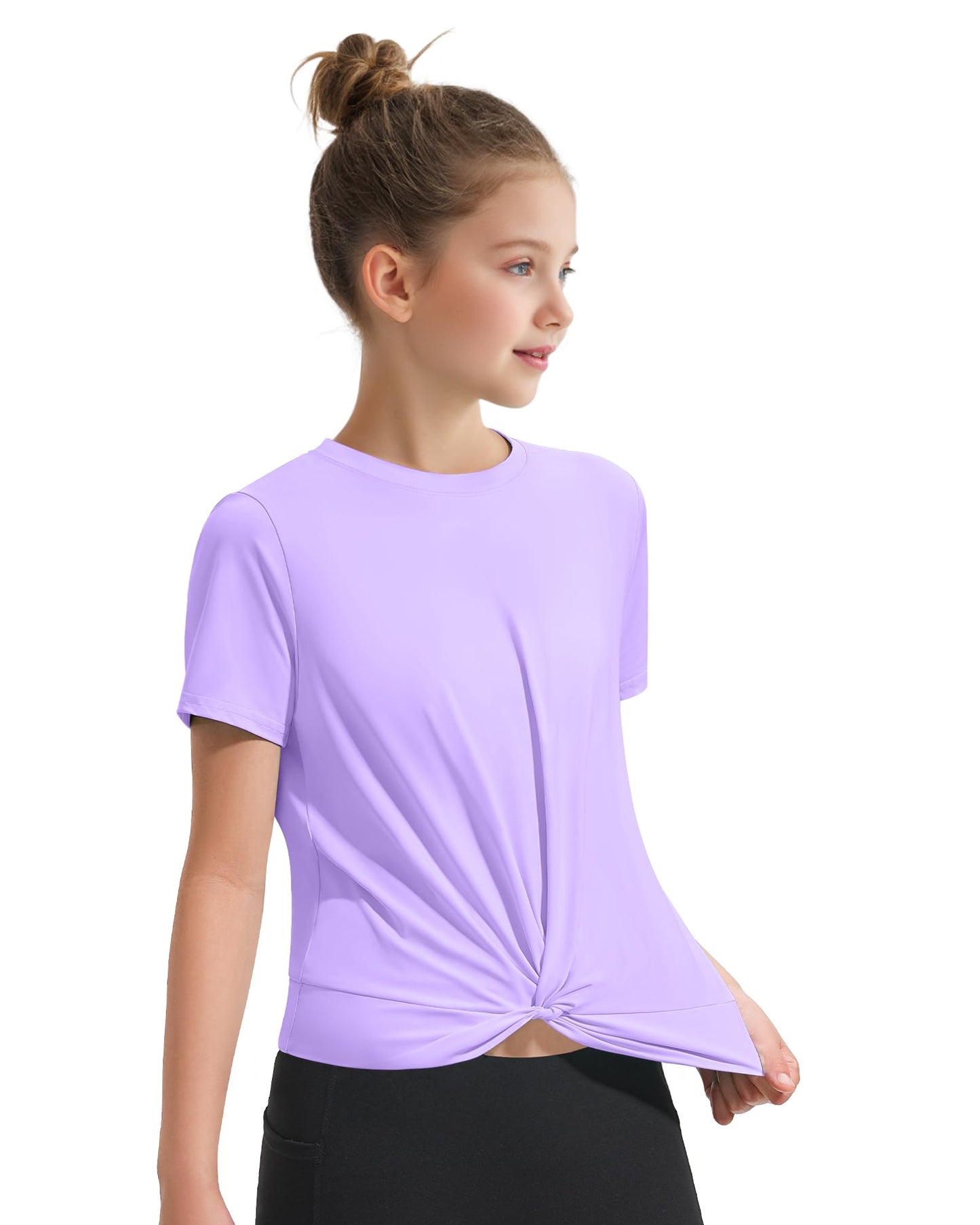 KEREDA Girls Athletic Shirts Tie Front Tops Summer Short Sleeve Quick Dry Active Tees T-Shirts for Kids Teens Purple 7-8 Years
