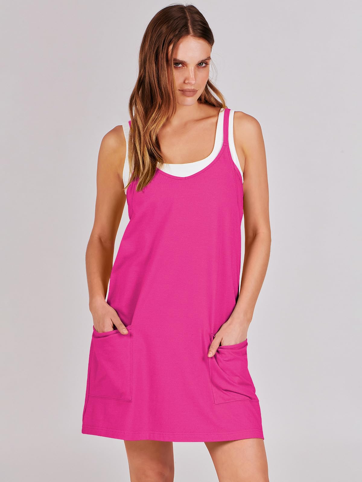 ANRABESS Women Athletic Dress Summer Tennis Workout Active Sports Mini Romper Dress Built in Shorts Travel Vacation Clothes Hot Pink X-Smal