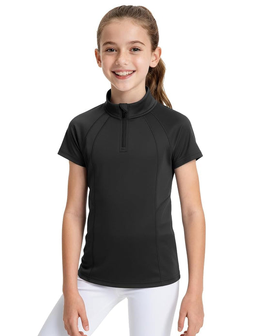 Girls Equestrian Short Sleeve Shirt - Moisture-Wicking Horse Riding Top, Black, 9-10 Years