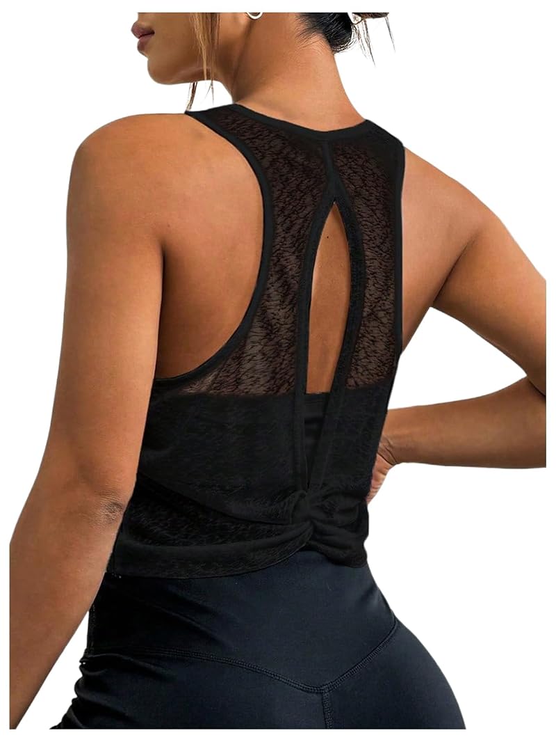 OYOANGLE Black Small Open Back Crop Tank Top for Yoga & Workout
