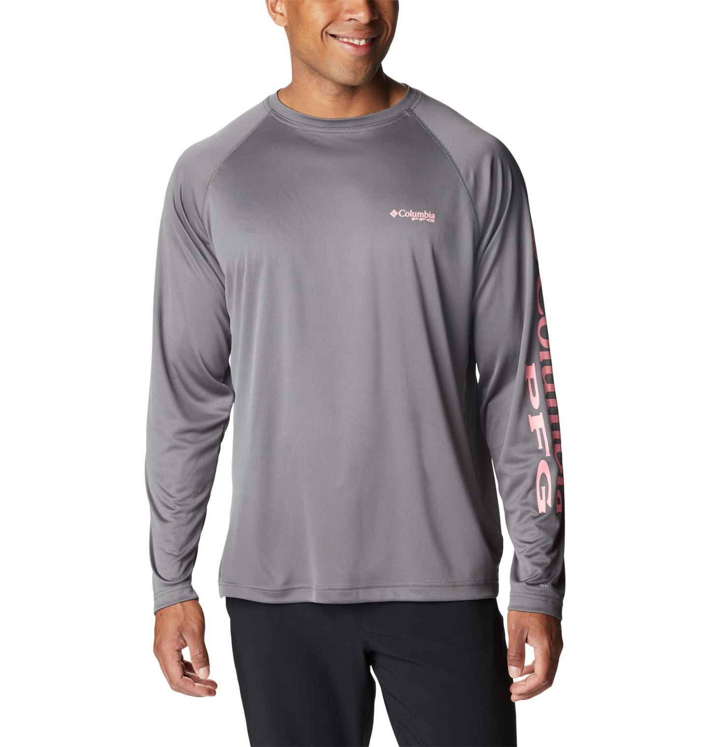 Columbia Men's Terminal Tackle Long Sleeve Fishing Shirt, City Grey/Pink Pop Logo, Small
