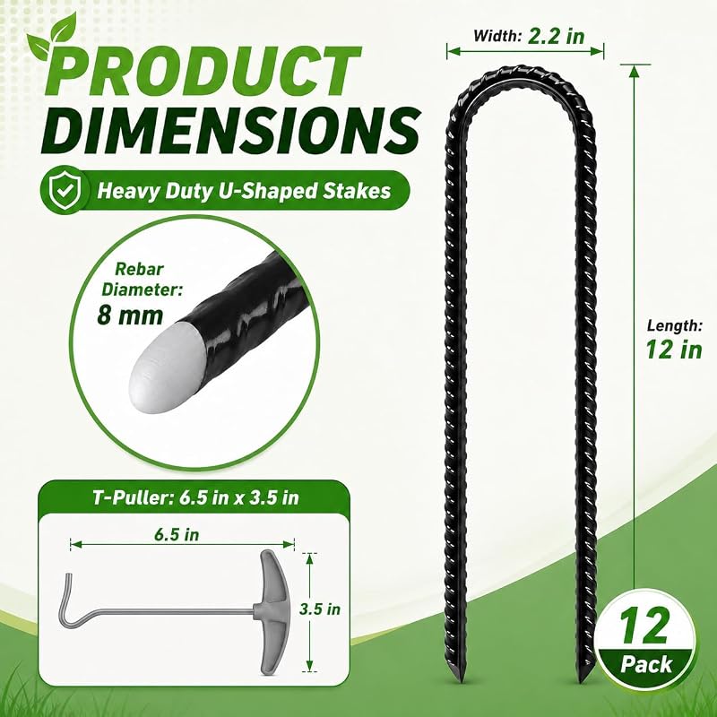 12 Pack 12-Inch U-Shaped Ground Stakes (8mm Steel) for Trampolines, Black Variation
