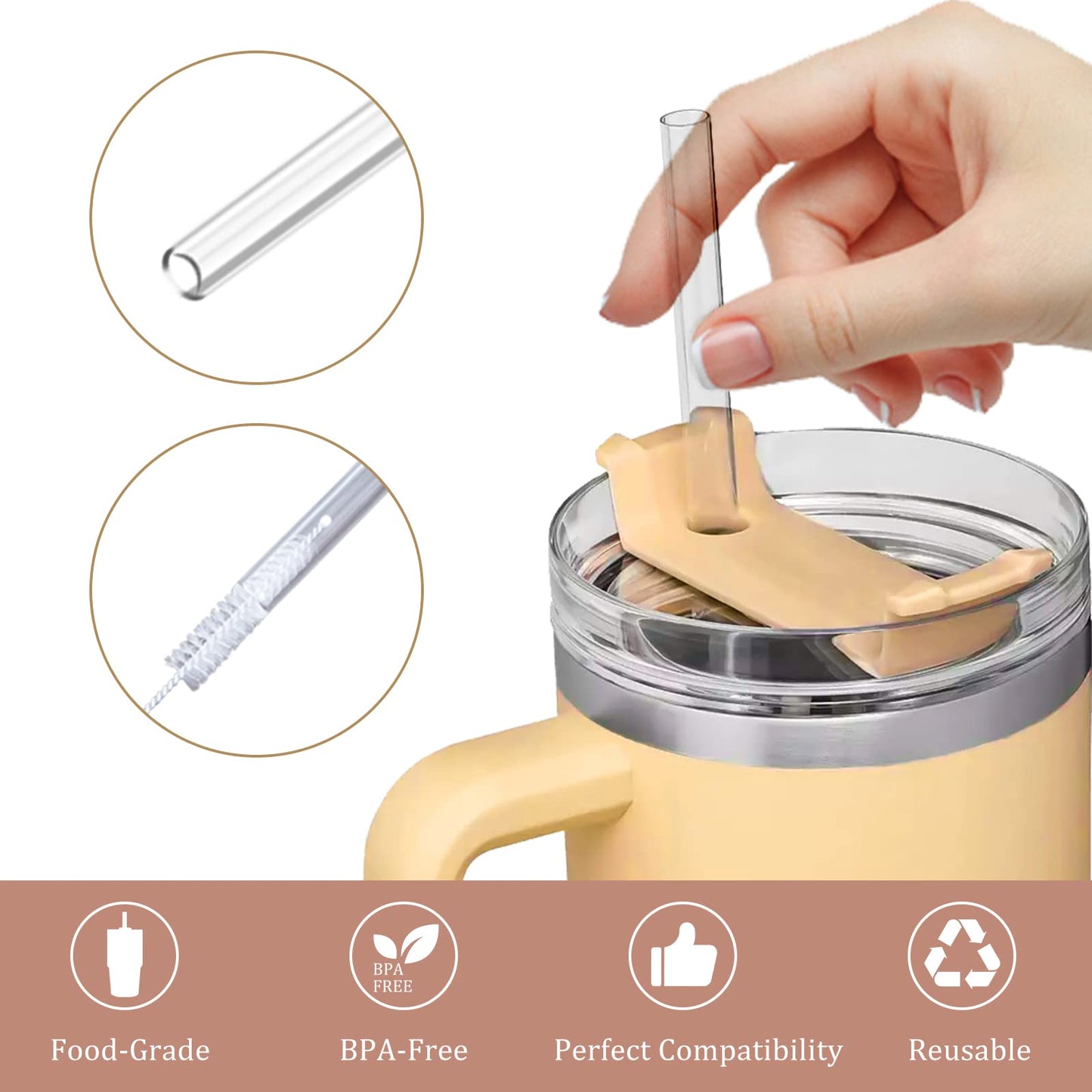 Replacement Straws for Stanley 40 oz and 30 oz Tumblers,6 Pack Reusable Straws with Cleaning Brush,12 Inch Long,Plastic,Clear, Stanley Cup Accessories