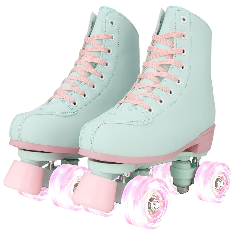 XUDREZ Light Green PU Roller Skates for Girls & Women, Pink Light-Up Wheels, Age 6-12, 37-US