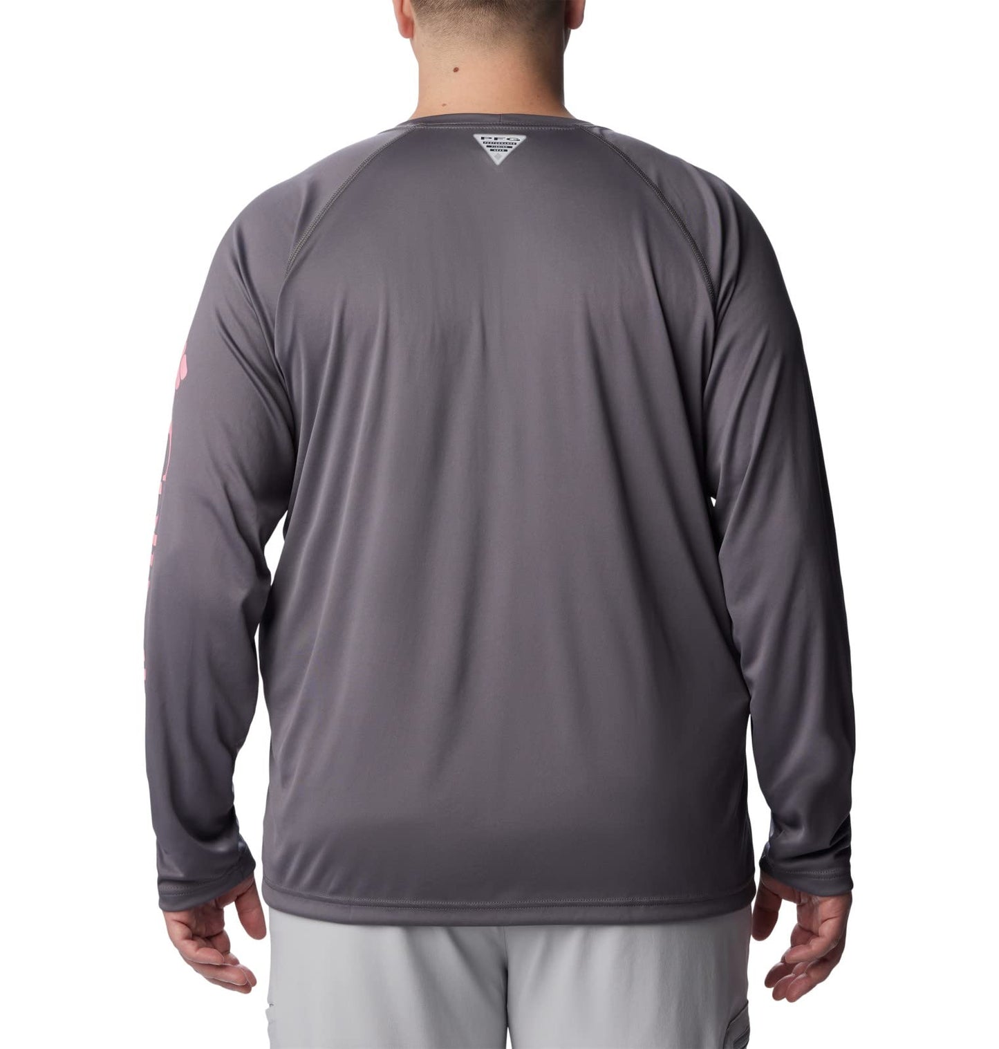 Columbia Men's Terminal Tackle Long Sleeve Fishing Shirt, City Grey/Pink Pop Logo, Small