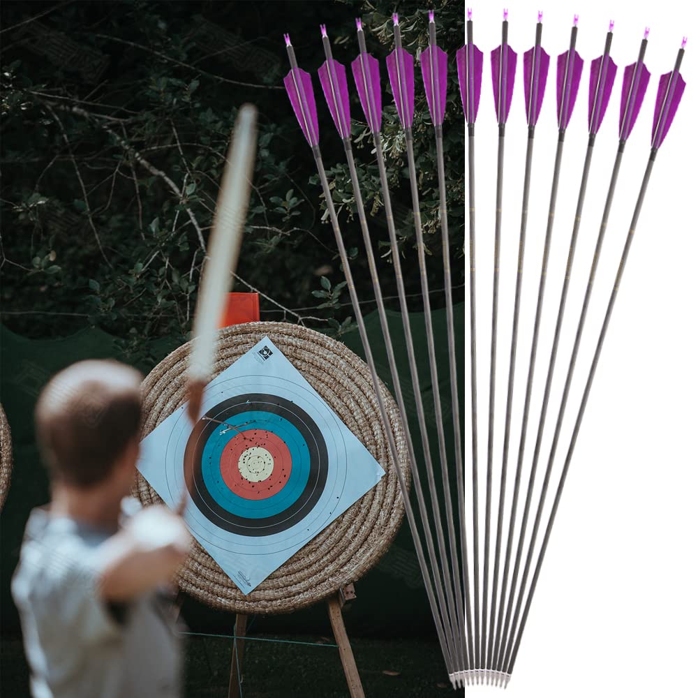 SHARROW 33 inch Carbon Arrow Hunting Arrows 400 Spine with 100 Grain Removable Tips for Archery Compound & Recurve & Traditional Bow Hunting Practice Shooting 6/12pcs (12pcs, Purple)