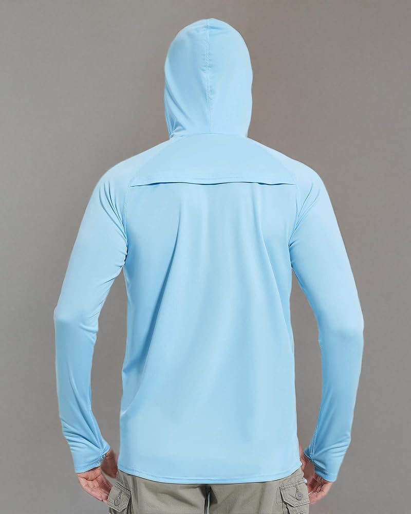 Mens UPF 50+ Sun Hoodie Long Sleeve Fishing Shirt with Face Mask - Light Blue (Medium) - isnowood