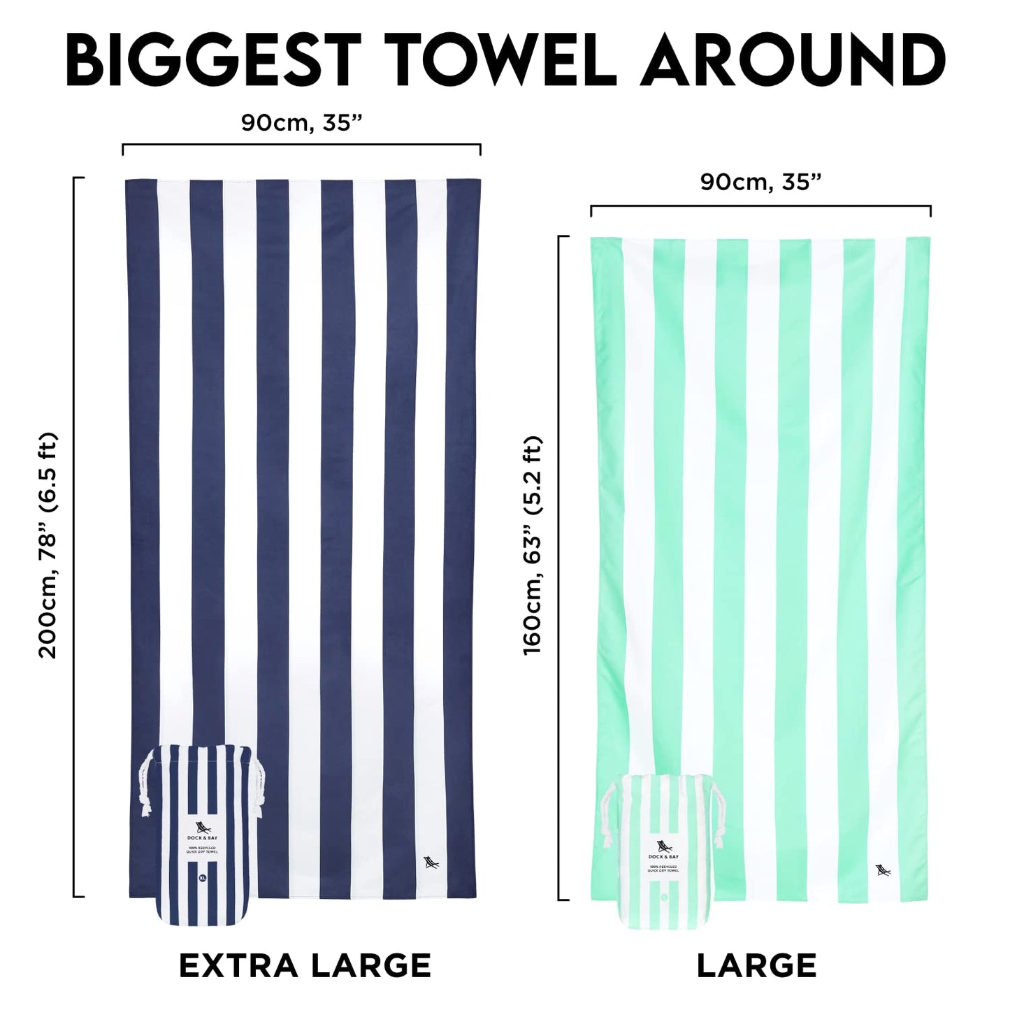 Dock & Bay Beach Towel - Quick Dry, Sand Free - Compact, Lightweight - 100% Recycled - Includes Bag - Cabana - Whitsunday Blue - Extra Large (200x90cm, 78x35)