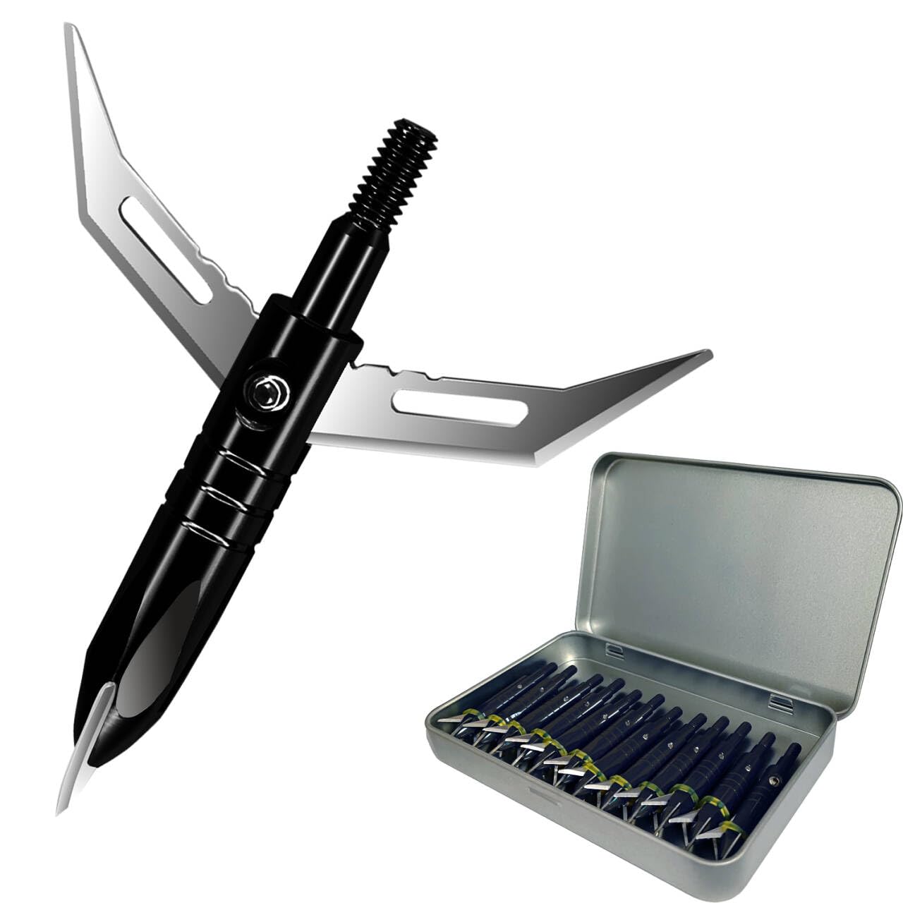 e5e10 12pcs Hunting Broadheads 100 Grain Archery Broadheads 420 Stainless Steel Higher Hardness 2-Blades + 1 pc Broadhead Case for Arrowheads