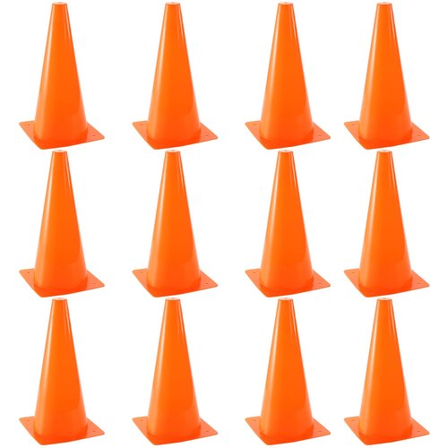 Bekith 12 Pack 12 Inch Plastic Traffic Cones with Racing Chequered Flags, Orange Agility Sports Cones, Thick Soccer Training Cones for Outdoor Activity, Festive Events, Fitness Training