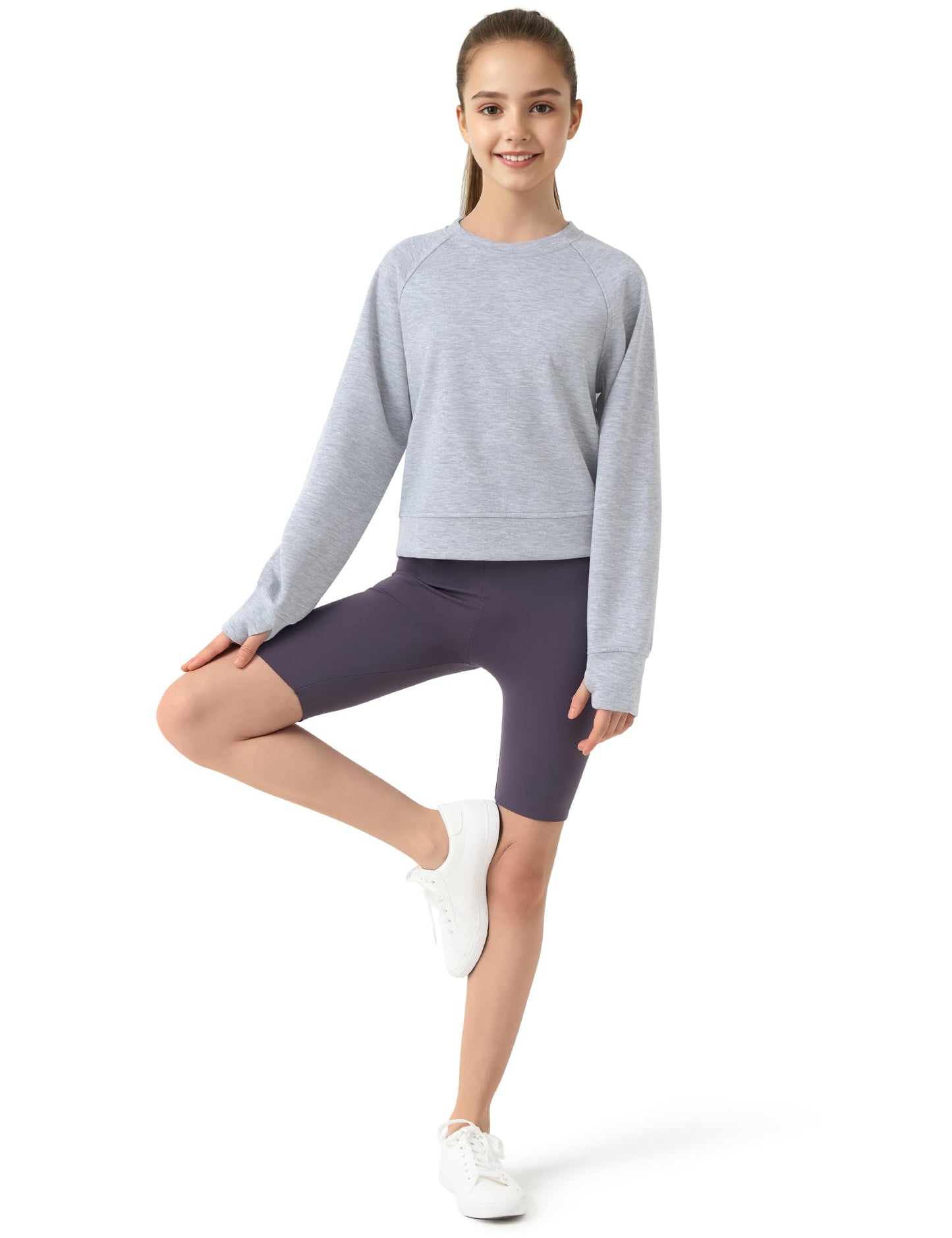 JOCMIC Girls Cropped Sweatshirt Soft Pullover Long Sleeve Shirts with Thumb Hole Fall Tops for Teens Petite Women Grey 11-12 Years