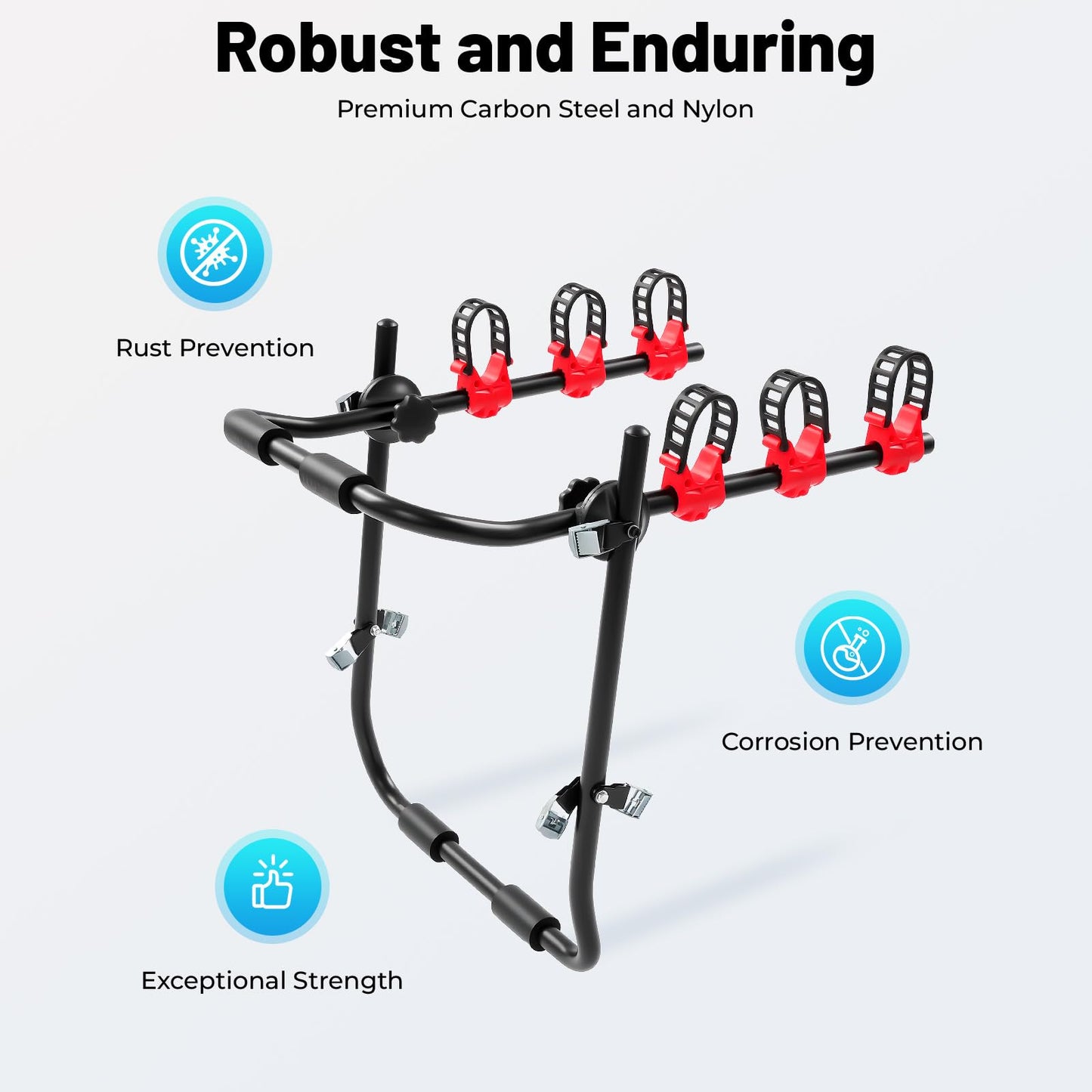 Gbonklong Car Bicycle Rack 3-Bike, 44LBS Load Capacity Vehicle Trunk Mount Bike Rack for Car Frame Foldable Bicycle Carrier Holder, Trunk Mount Rack for Most Cars SUV Sedan Hatchback Minivan