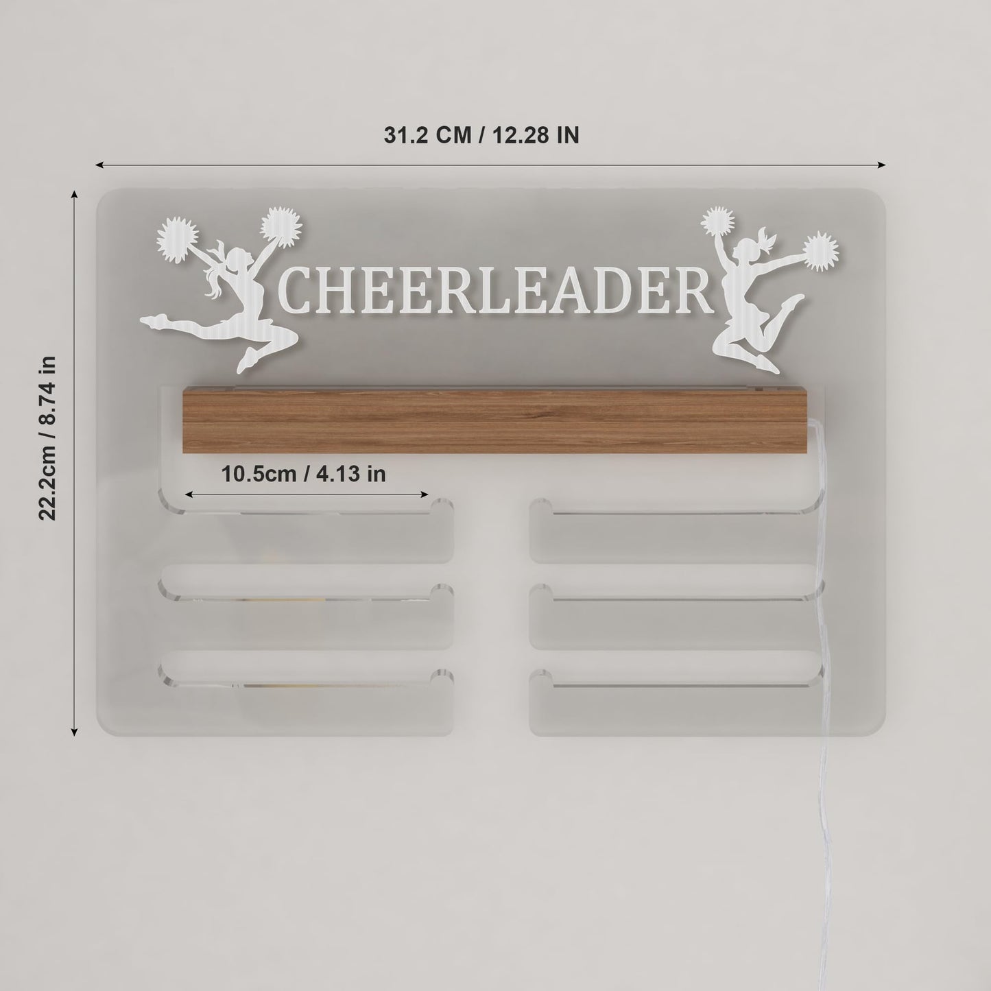 Ammonite Light up Cheerleader Medal Hanger Display, Holder Rack for Awards or Ribbons, Sports Themed Ribbon Holder for Wall, Tiered Award Rack