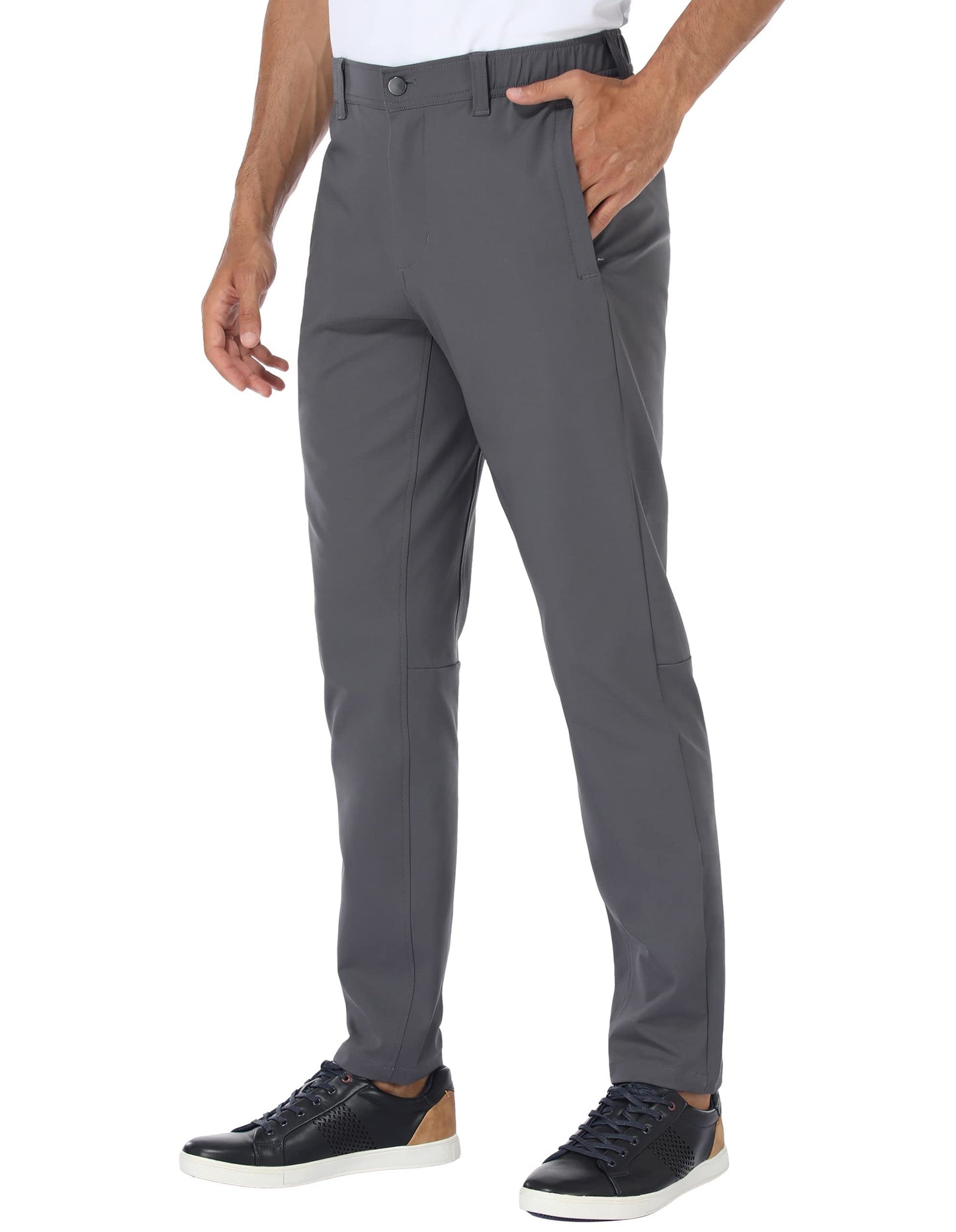 PULI Mens Golf Pants Stretch Dress Slim Fit Pants Waterproof Comfy Casual Work Tapered Pants with Pockets Grey,34Wx32L