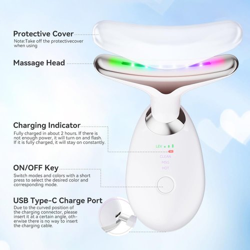 Neck Massager, 7-in-1 Multifunctional Facial Massager, Face Sculpting Tool for Skin Care, At-Home Face Tool with Vibration and Thermal, White