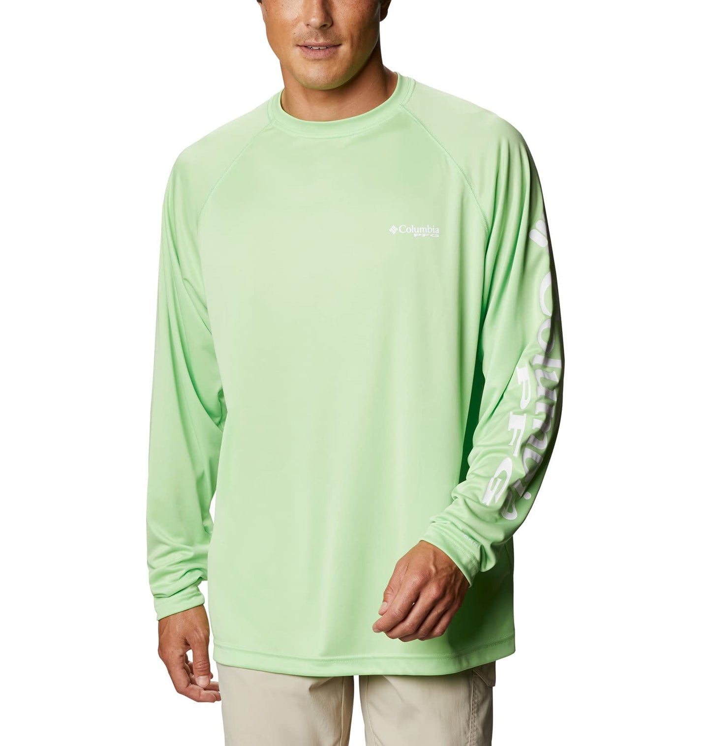 Columbia Men’s PFG Terminal Tackle Long Sleeve Shirt, Sun Protection, Lime Glow/White Logo, X-Small