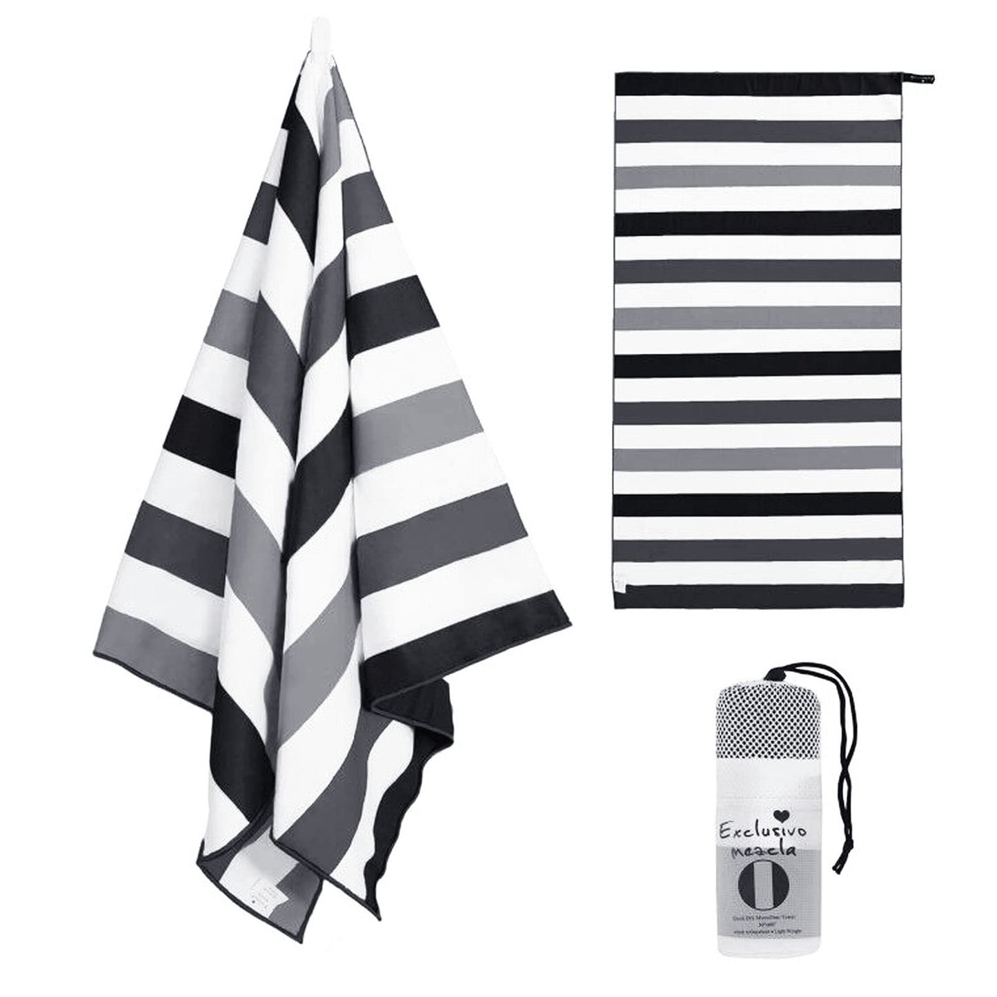 Exclusivo Mezcla Microfiber Quick Dry Beach Towel, Oversized Lightweight Sandfree Pool Towel for Swimming Camping Travel with Bag (Black, 35x70 Inches)