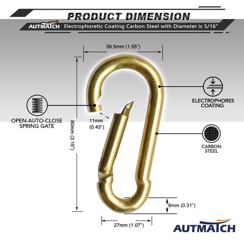 AUTMATCH Carabiner Clips, 3" Carbon Steel Spring Snap Hook Caribeener Clips Buckle Pack Grade Heavy Duty Carabiners Quick Link for Camping, Fishing, Hiking, Traveling, Gold, 4 Pack