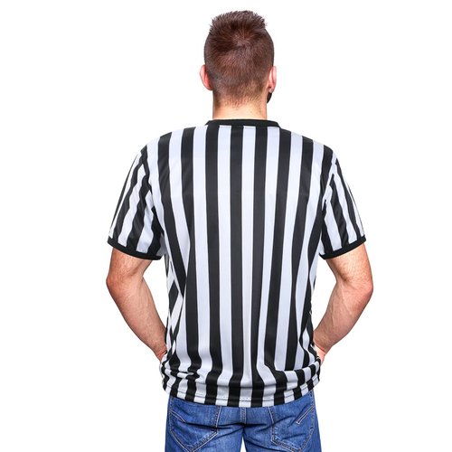 SATINIOR Men's Official Uniform Black and White Stripe Pro-Style Neck Referee Shirt, Officiating Umpire Jersey and Stainless Steel Whistle with Lanyard for Halloween Basketball Football Soccer(XL)