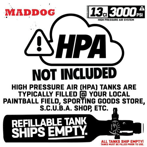Maddog 13ci/3000psi Aluminum Compressed Air HPA Paintball Tank with Regulator - Airgun Airsoft PCP - Fresh Hydro Date - Refillable Tank Ships Empty - Single