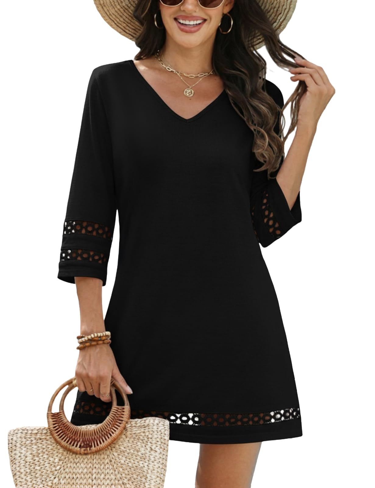 VIMPUNEC Swimsuit Coverup for Women Bathing Suit Cover Up Summer Casual Beach Dress Shirts Black S