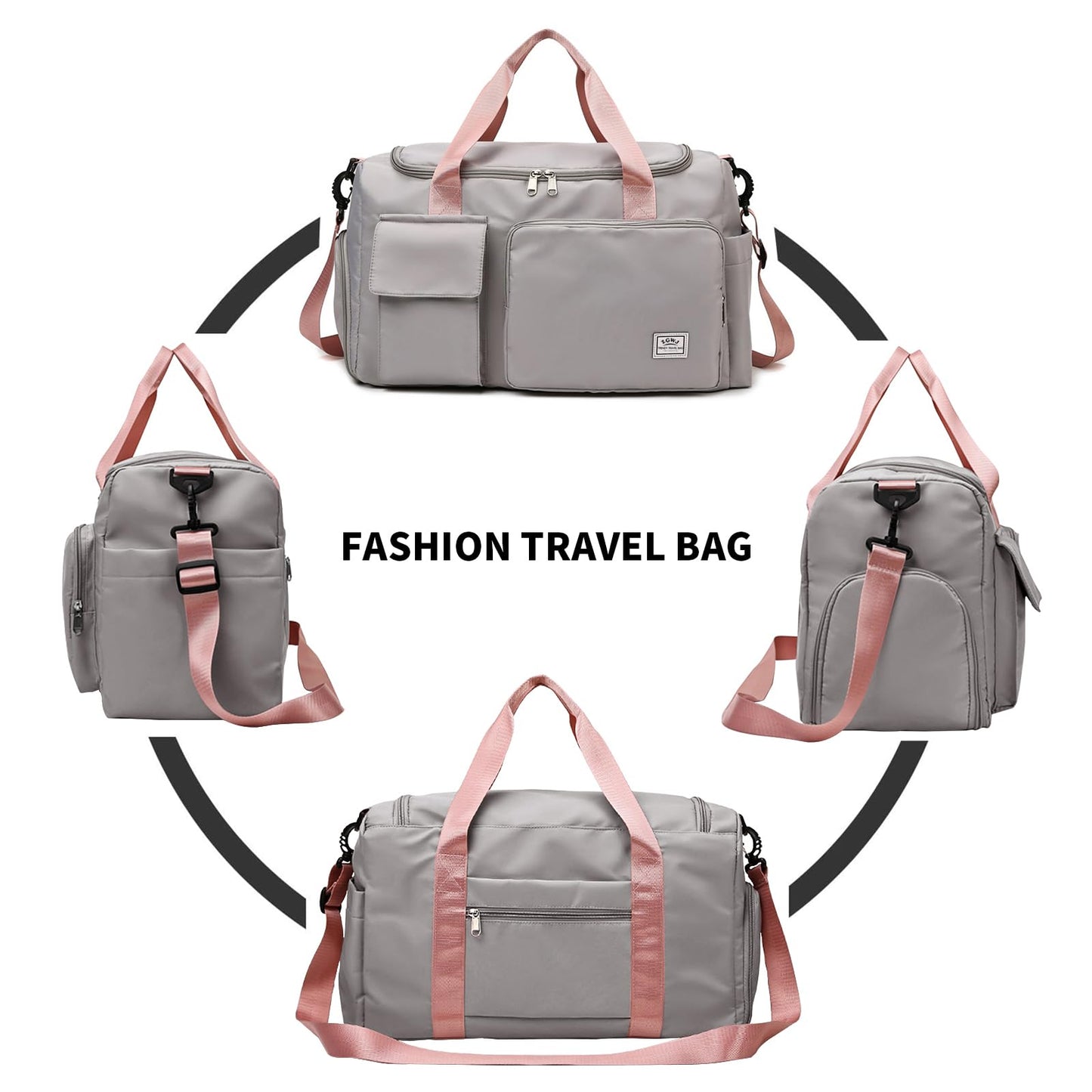 Travel Duffel Tote Bag with Dry Wet Separation Pocket, Weekender Bag for Women and Men，Waterproof Bag with Shoe Compartment Lightweight and Easy Carry on Grey
