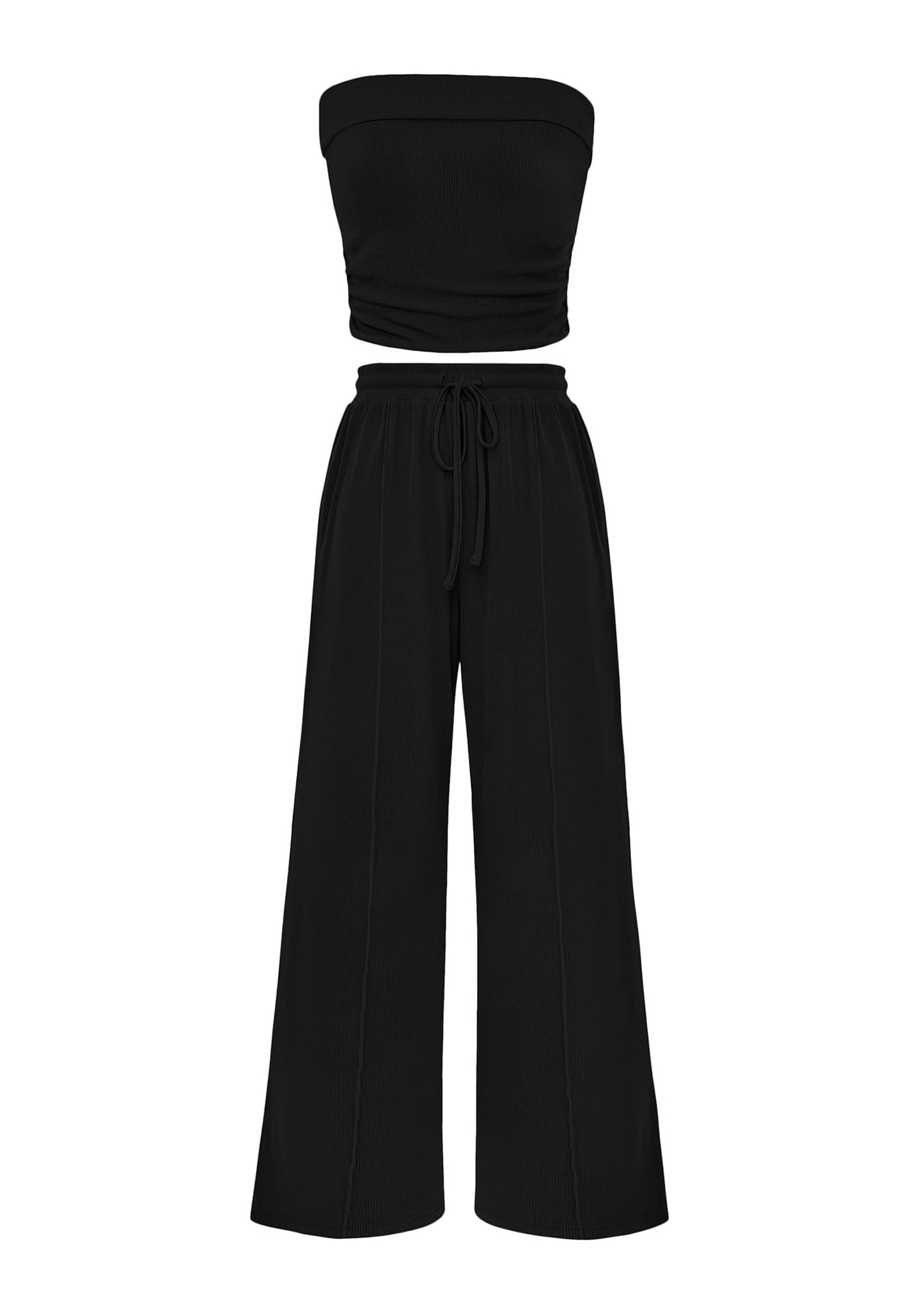 PRETTYGARDEN Womens Summer Outfits 2 Piece Sets Casual Ribbed Knit Crop Tube Top Wide Leg Pants Spring Matching Lounge Set(Black,Medium)