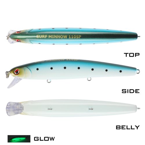 LITTMA California Surf Fishing Lures Saltwater Jerkbait Crankbait Surf Minnow 110 - Metallic Sardine Super Glow & Pearl Pink Belly Glow Lures for Halibut & Striper Fishing