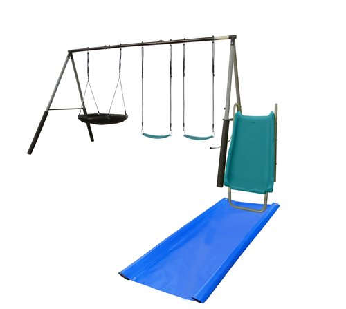 Lark Water Slide Swing Set with 6 Ft Water Tarp, Disc Swing, 2 Sling Swings, 3-Seat Merry Go Round with Adjustable Heavy Duty Ropes, 16-Gauge Weather Resistant Steel Frame (Benton)