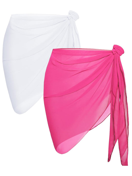 2 Pieces Sarong Cover Ups for Women Beach Bathing Suit Wrap Sheer Short Skirt Bikini Chiffon Scarf for Swimwear (White & Light Pink)