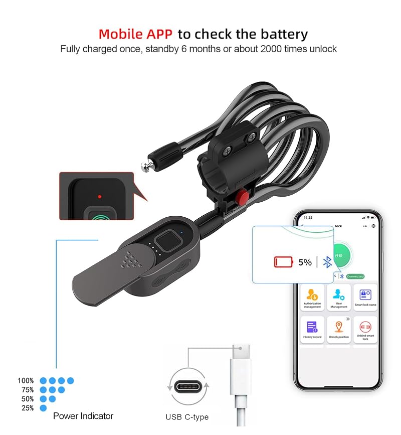 Fingerprint Bike Lock with Keys and Bluetooth App (Variation: Black+C8-Black)