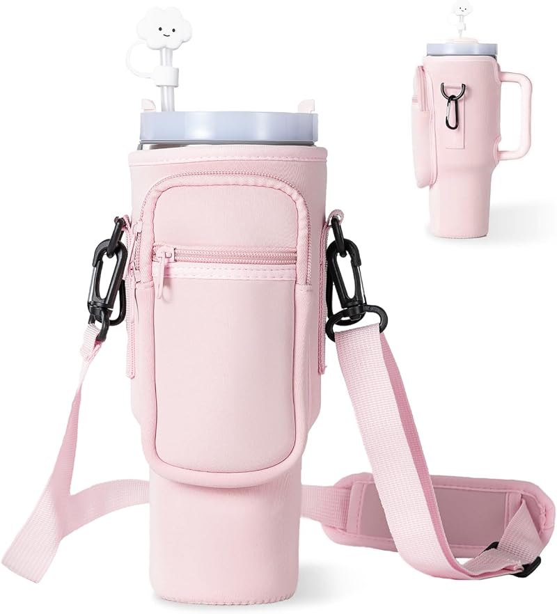 Dabria Pink 40 oz Stanley Water Bottle Holder with Strap & Straw Cover — Neoprene Pouch