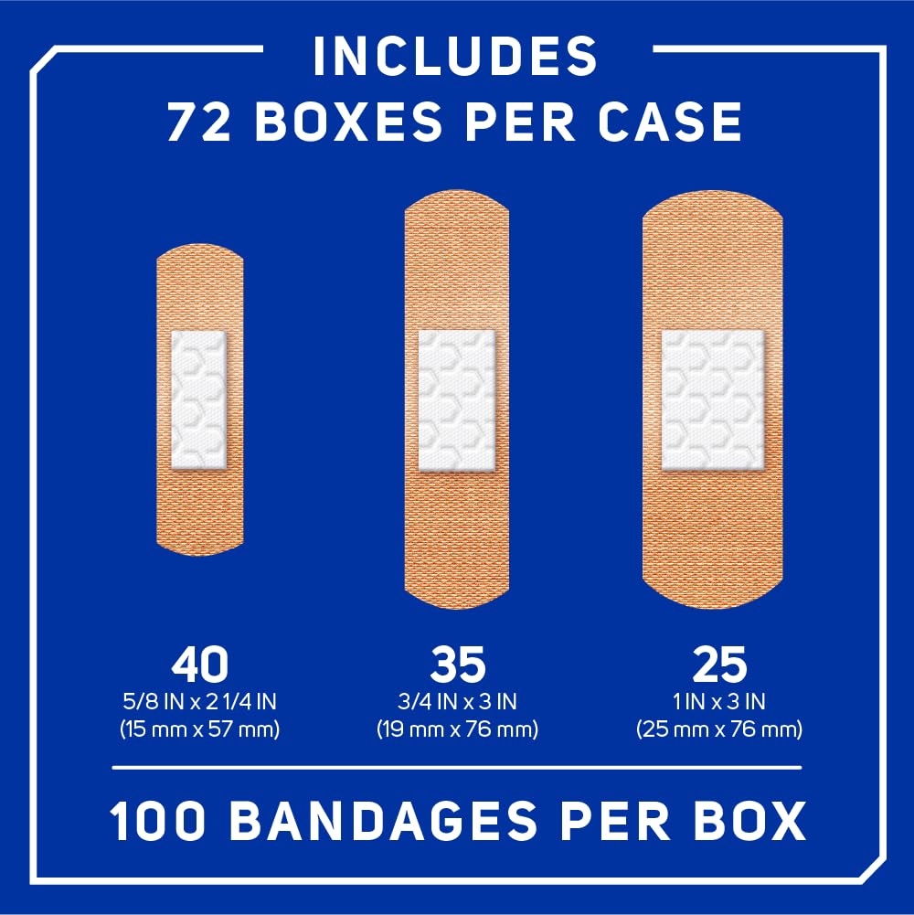 Care Science Antibacterial Fabric Adhesive Bandages, 100 ct Assorted Sizes (Pack of 72) | Flexible + Breathable Protection Helps Prevent Infection for First Aid and Wound Care