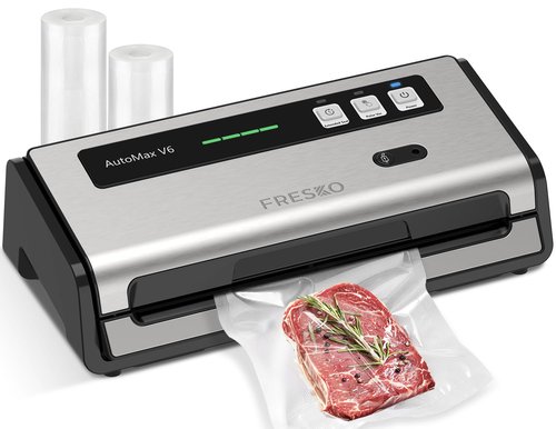 FRESKO Food Vacuum Sealer with Automatic Bag Detection, Double Heat Seal, Built-in Bag Roll Storage & Cutter, 2 Rolls Bags, Starter Kit