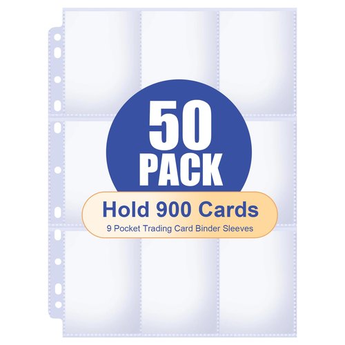 REGUICORP 50 Pack Card Sleeves Binder Sheets, 9 Pocket Trading Card Binder Sleeves for 3 Ring Binder, Baseball Cards Sleeves Holds 900 Cards Fit for Baseball, Football, Game, Kpop Cards