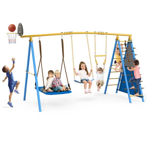 Stebovol 7 in 1 Backyard Swing Set 660lbs - Kid Outdoor Playground with Trapeze Bar, Platform Swing, Belt Swing, Climbing Rope & Ladder, Basketball Hoop, Soccer Goal for 3-8 Years Old