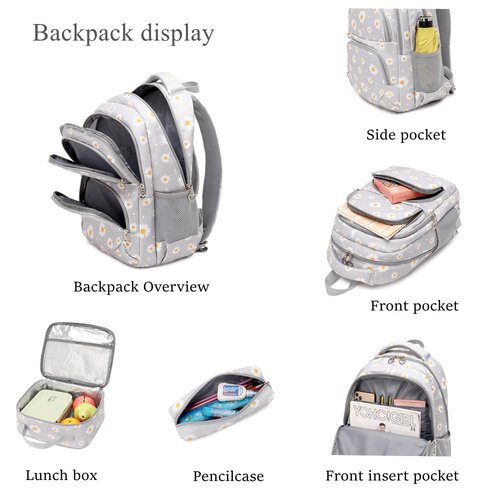 EKUIZAI 3Pcs Daisy Prints Backpack for Girls Bookbag set Primary School Daypack Elementary Students Knapsack with Lunch Box