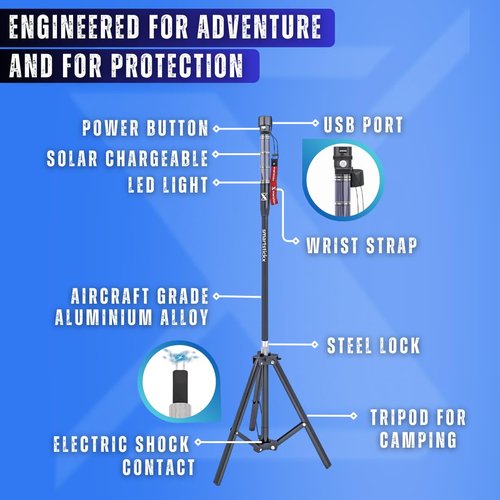 SmartstickX Tactical Walking Stick Staff Self Defense Stun Gun, 2 Bright LED Light Modes, Military Grade Aluminum, USB Charging Port/Fan, Outdoor Adventures, Trekking, Survival Hiking Tactical Tool