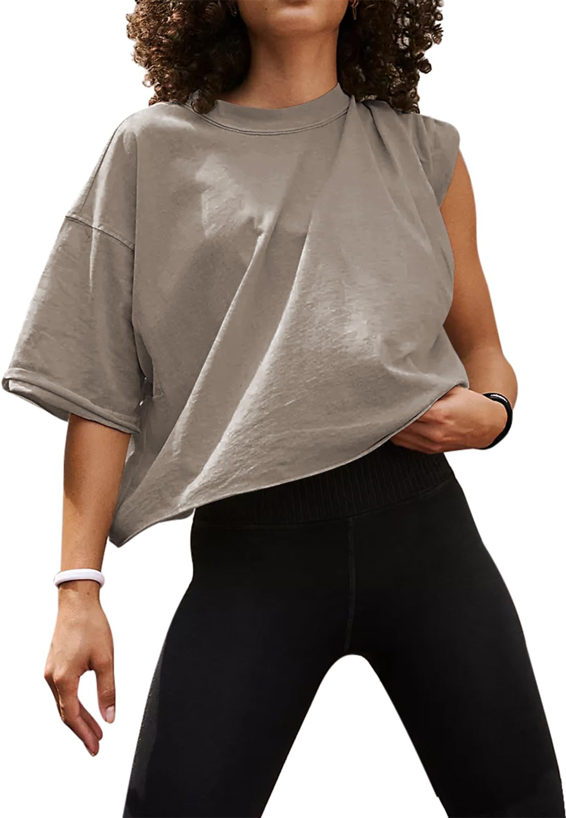 UEU Women's 2025 Trendy Basic Workout Gym Running Short Sleeve Crop Tops Casual Loose Oversized T-Shirts Gray