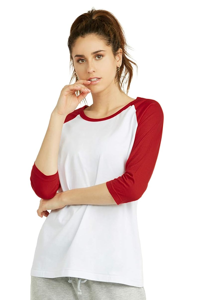 Cottonbell Women’s Baseball Tee Shirt 3/4 Sleeve White/Red Medium