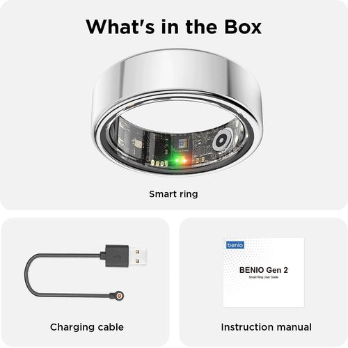 BENIO Ring Gen 2 Smart Ring, Step/Sleep/Blood Oxygen/Heart Rate Tracker for Women Men, Higher Waterproof Rating 5ATM Fitness Tracker,No Subscription Fee,for iPhone and Android (Size 8, Galaxy Sliver)