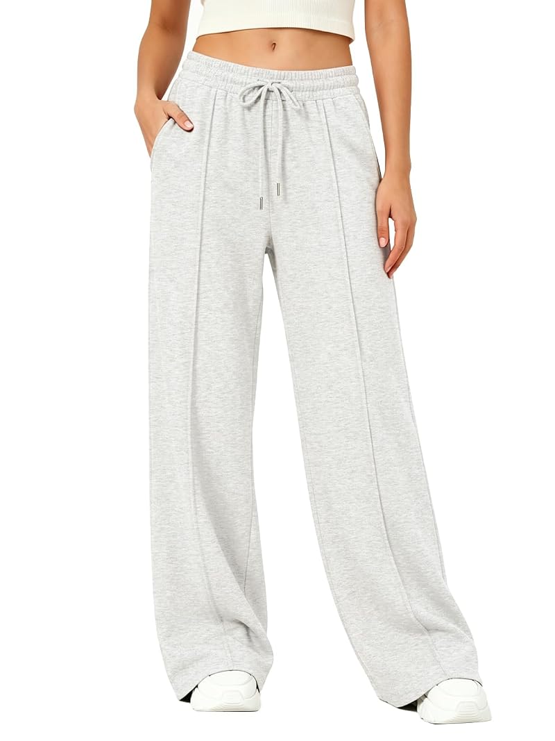 Light Grey Wide-Leg Track Pants for Women - Drawstring Waist, Pockets, Fall/Winter Baggy Sweatpants (Variation: Light Grey, XS)